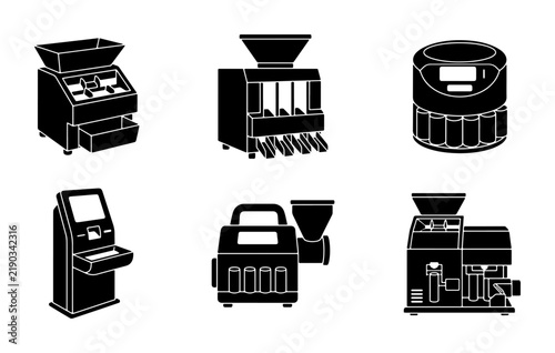 Collection of black coin counting and sorting machine silhouettes