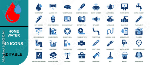 Set of 40 editable home water system and plumbing tools icons isolated on white background, Vector, illustration