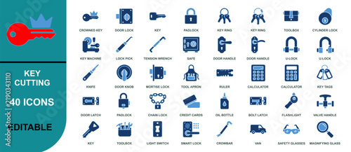 Set of 40 professional key cutting and locksmith tools icons in flat design style isolated on white background, Vector, illustration