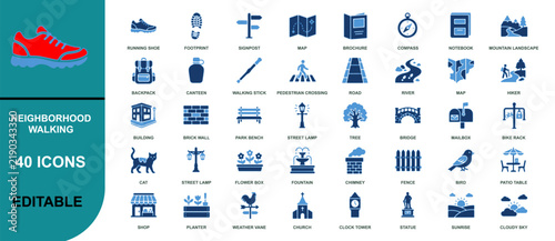 Set of 40 colorful neighborhood walking icons for infographics and presentations isolated on white background, Vector, illustration