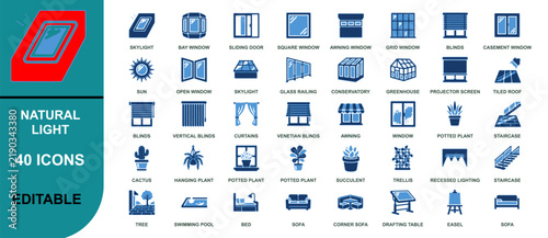Set of forty modern flat icons illustrating natural light sources and home improvement elements isolated on white background, Vector, illustration