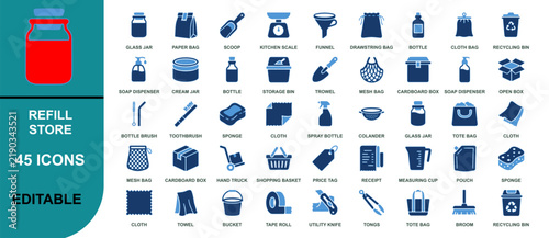 Flat set of 45 refill store icons for cleaning and household supplies in blue color scheme isolated on white background, Vector, illustration