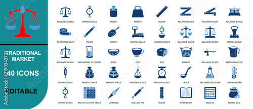 Set of 40 traditional market icons with balance scale illustration isolated on white background, Vector, illustration