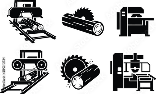 Sawmill and Wood Cutting Icon Set - Circular Saw and Lumber Processing Machinery Silhouettes