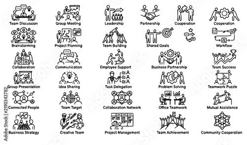 Teamwork and Collaboration Line Icons Set with Editable Stroke Vector Symbols