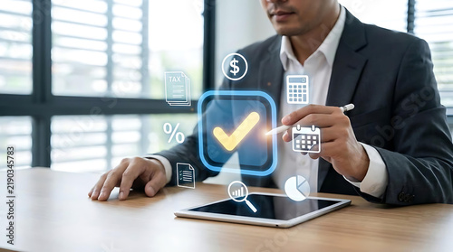 Business Compliance Verification and Financial Audit Management Concept with Digital Approval Workflow, Risk Assessment, Regulatory Monitoring and Enterprise Process Control System