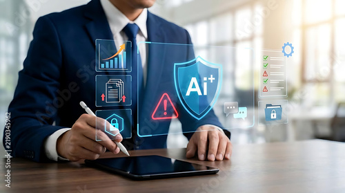 Artificial Intelligence Security Risk Management and Compliance Analytics Concept with AI Governance Dashboard, Threat Assessment, Digital Protection and Enterprise Technology Monitoring