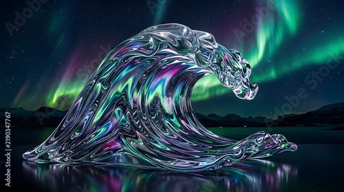 A stunning aurora glasswave wallpaper featuring a crystalline ocean wave reflecting vibrant northern lights in a dark magical night sky