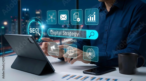 Digital Marketing Strategy Dashboard with SEO Analytics, Search Engine Optimization, Online Advertising, Content Marketing, Business Growth and Data Driven Marketing Technology Concept