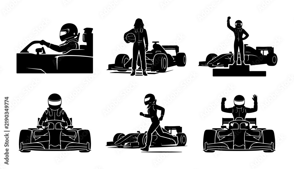 Obraz premium Black and white racing car driver icons, motorsport action