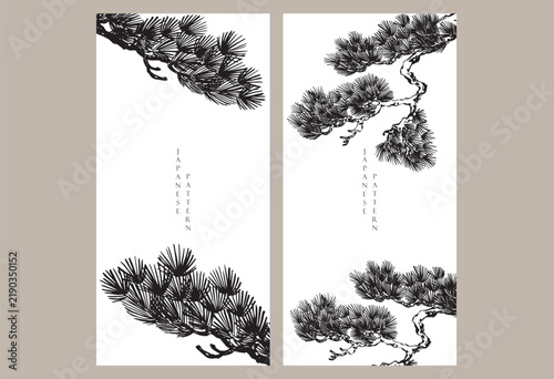 set of vector illustration of bonsai tree branch card design with Chinese painting in traditional style.	