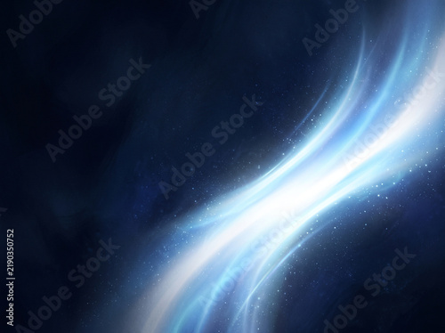 Luminous blue light wave flowing diagonally across dark cosmic background with glowing sparkles