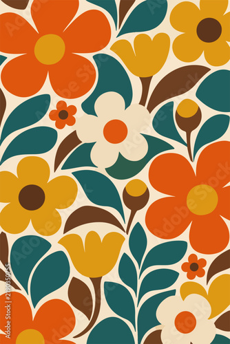 Retro Floral Pattern with Orange and Mustard Flowers