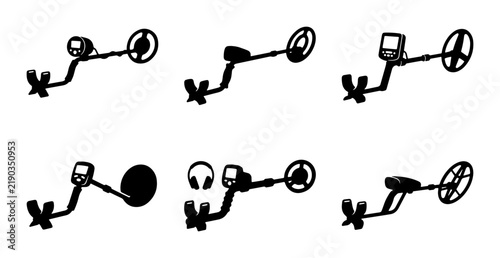 Cuadro en lienzo Black metal detector icons, prospecting equipment set, hobby and