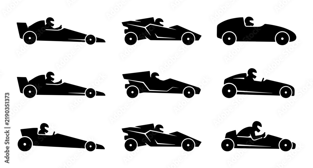 Obraz premium Black racing car silhouettes, set of speed vehicles on white