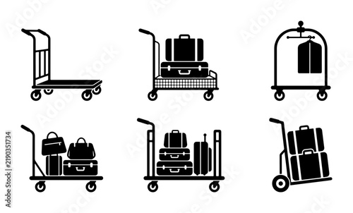 Bild auf Leinwand Black luggage carts and baggage trolleys silhouette collection, travel