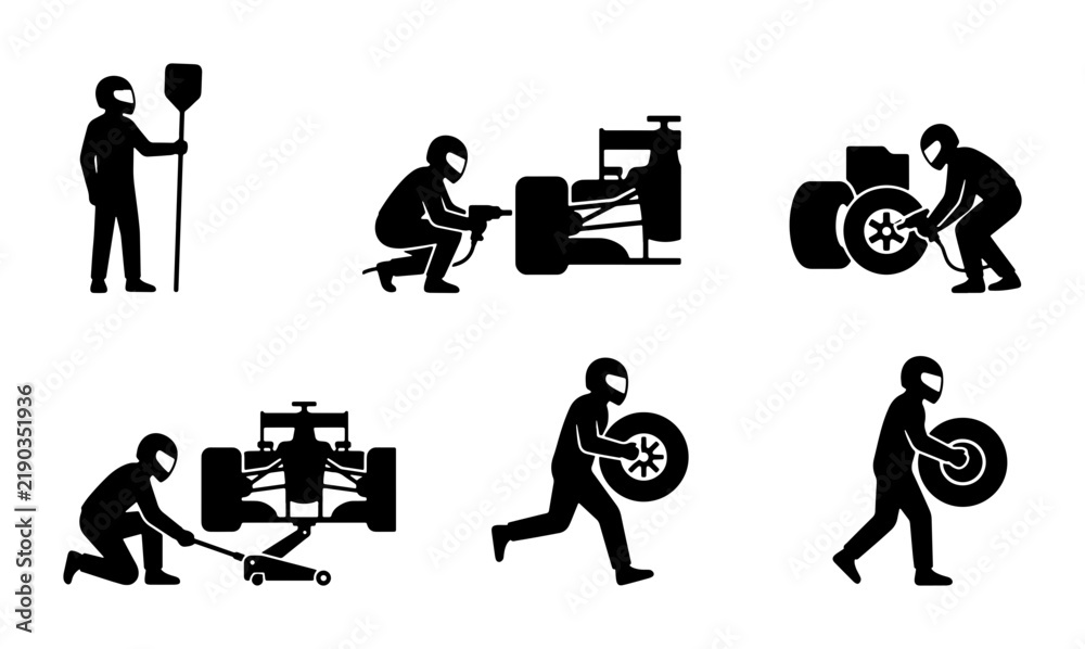 Obraz premium Black racing pit crew icons, simple shapes, graphic design elements