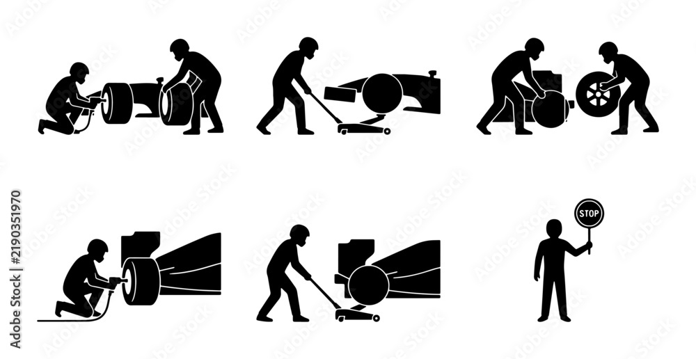 Obraz premium Black racing pit crew icons, simple shapes, graphic elements