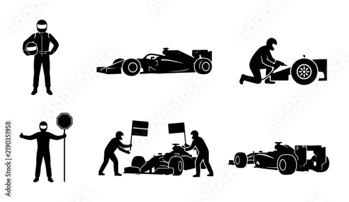 фотографія Black formula racing car icons, pit crew and driver poses, sports
