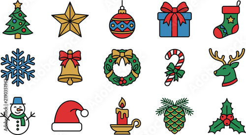 Colorful collection of festive christmas icons and decorations on a white background