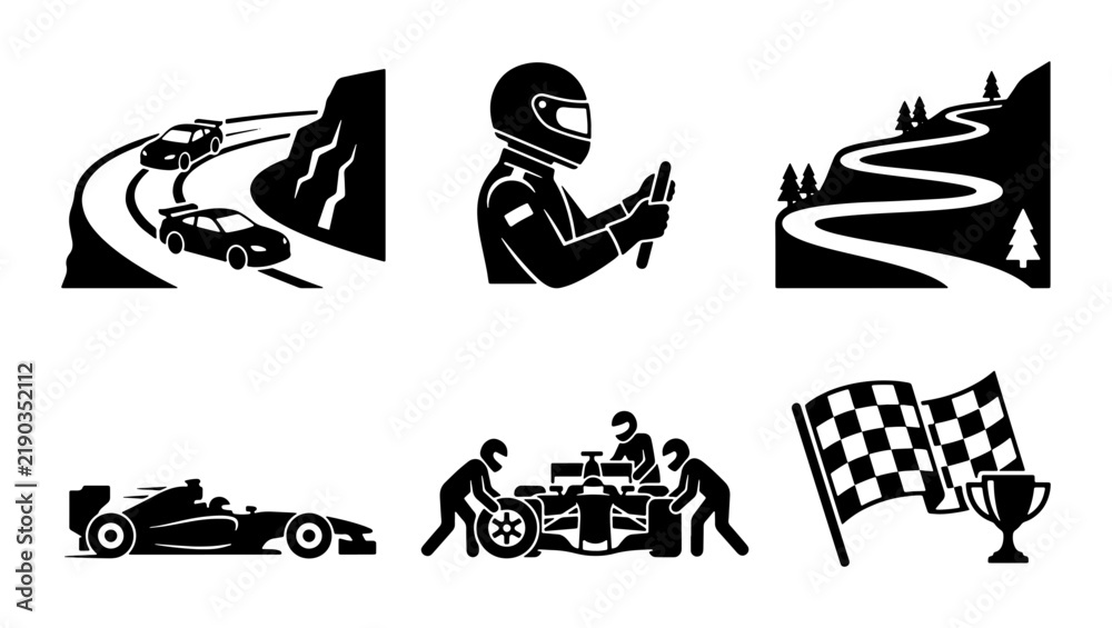 Obraz premium Black and white racing icons, motorsport and speed graphics