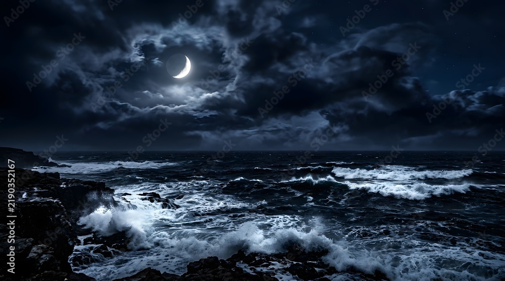Fototapeta premium A beautiful dark ocean moonlight wallpaper featuring a crescent moon shining brightly over turbulent waves in a dramatic night sky