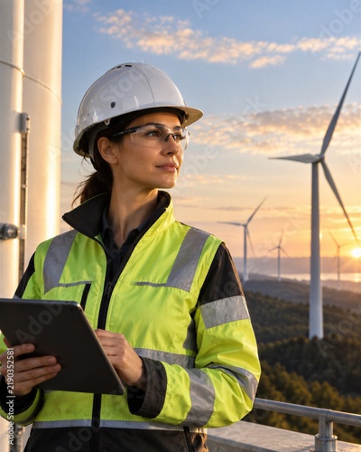 Female engineer using tablet at wind farm, renewable energy and clean technology concept