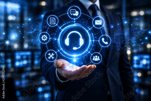Headset support icon with surrounding communication symbols floats above a businessperson s hand