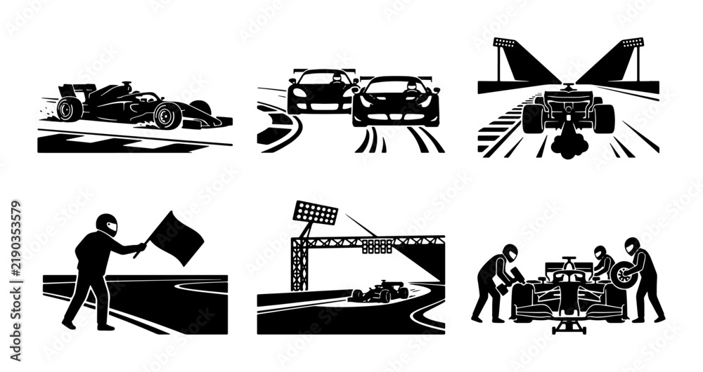 Obraz premium Black and white racing car icons, circuit track, pit stop, checkered