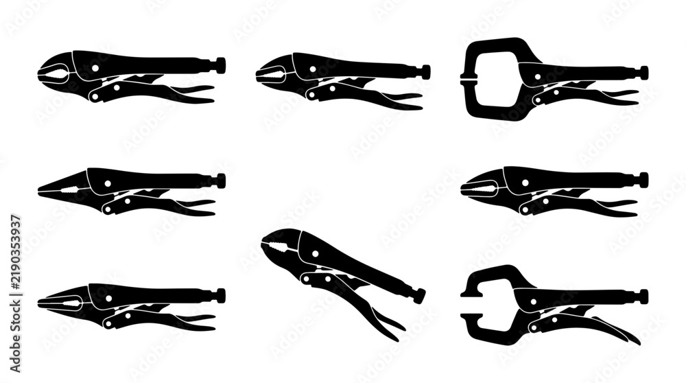 Fototapeta premium Black locking pliers silhouettes set, various tool icons, industrial