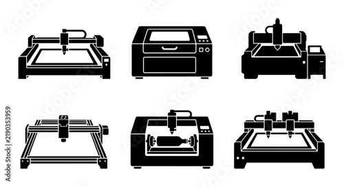 Canvastavla Black laser engraver and cutter icons, CNC machine graphic elements