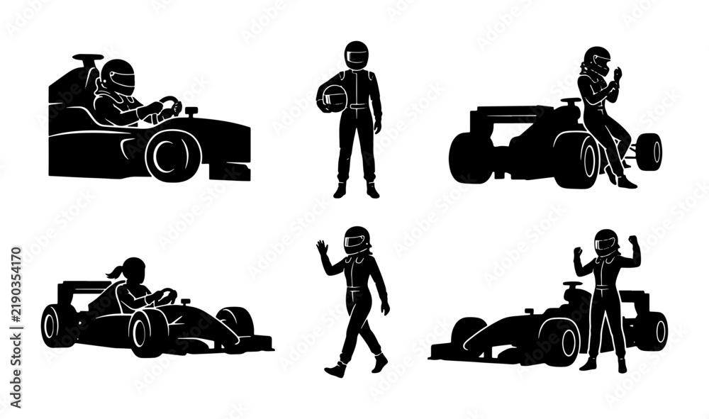 Obraz premium Black racing driver silhouettes in different poses, motorsport