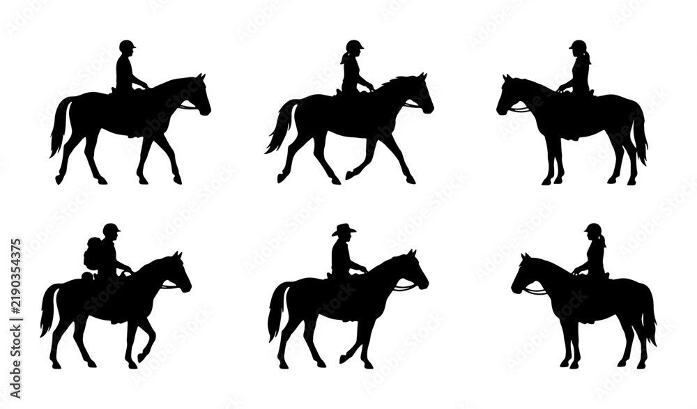 Obraz premium Black horse rider silhouettes on white background, equestrian sports