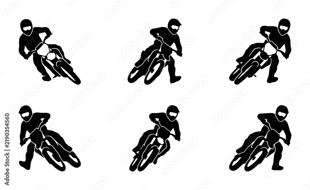 Fototapeta premium Black motorcycle rider silhouettes in dynamic action poses, graphic