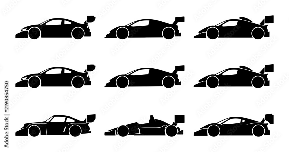 Obraz premium Black racing car silhouettes, sports automobile collection, graphic