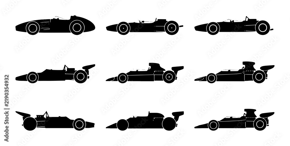 Obraz premium Black formula racing car silhouettes, diverse designs, transport
