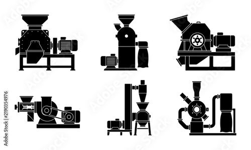 Bild auf Leinwand Black industrial grinders and crushers, factory machinery icons