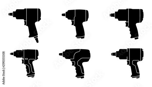 Black impact wrench icons, tool set, graphic design, isolated on white