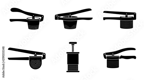 Obraz na płótnie Black potato ricer and masher collection, kitchen tool icons, cooking