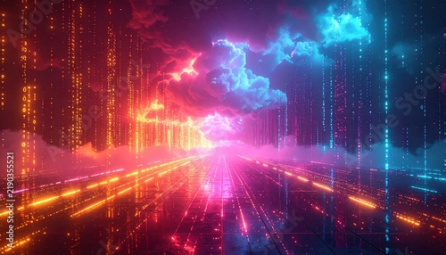 Futuristic digital network technology background featuring abstract big data visualization with colorful binary code streams, machine learning analytics, and cloud computing processing concept.
