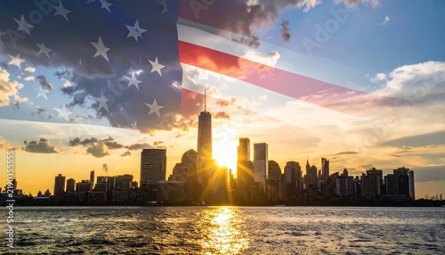 Patriot Day 9/11 remembrance background featuring dramatic New York City skyline silhouette at sunset with semi transparent American flag overlay over lower Manhattan, NYC.