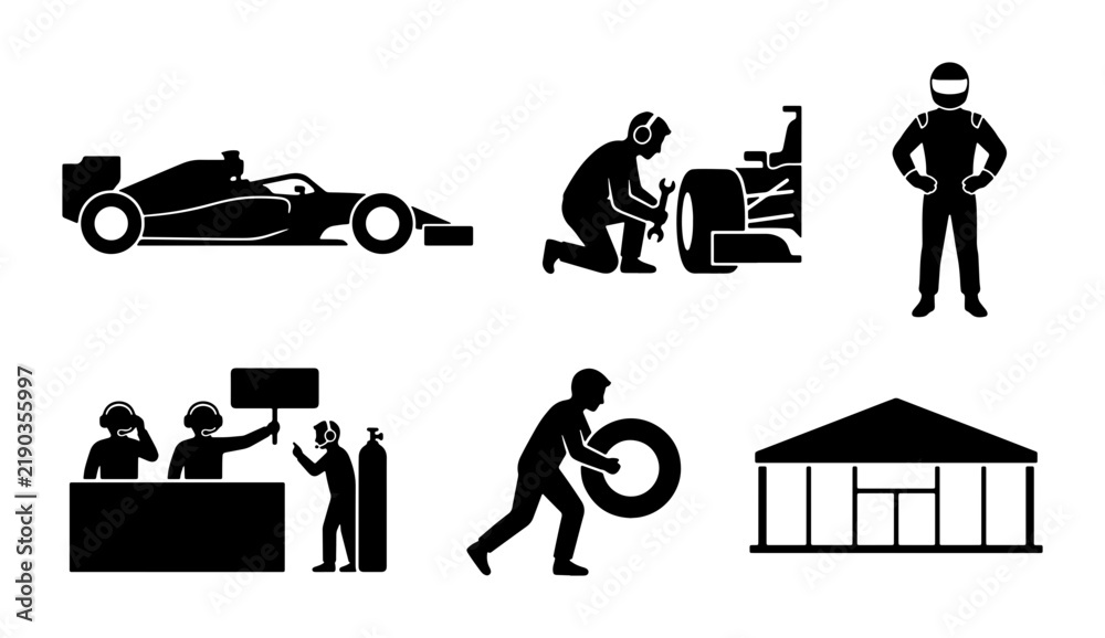 Obraz premium Black racing icons, formula 1 pit stop, driver, and garage, graphic