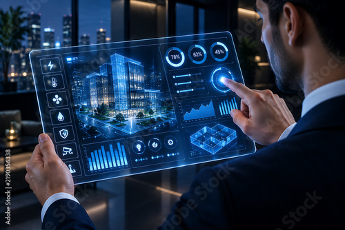 Man interacting with illuminated digital display showing city infrastructure data