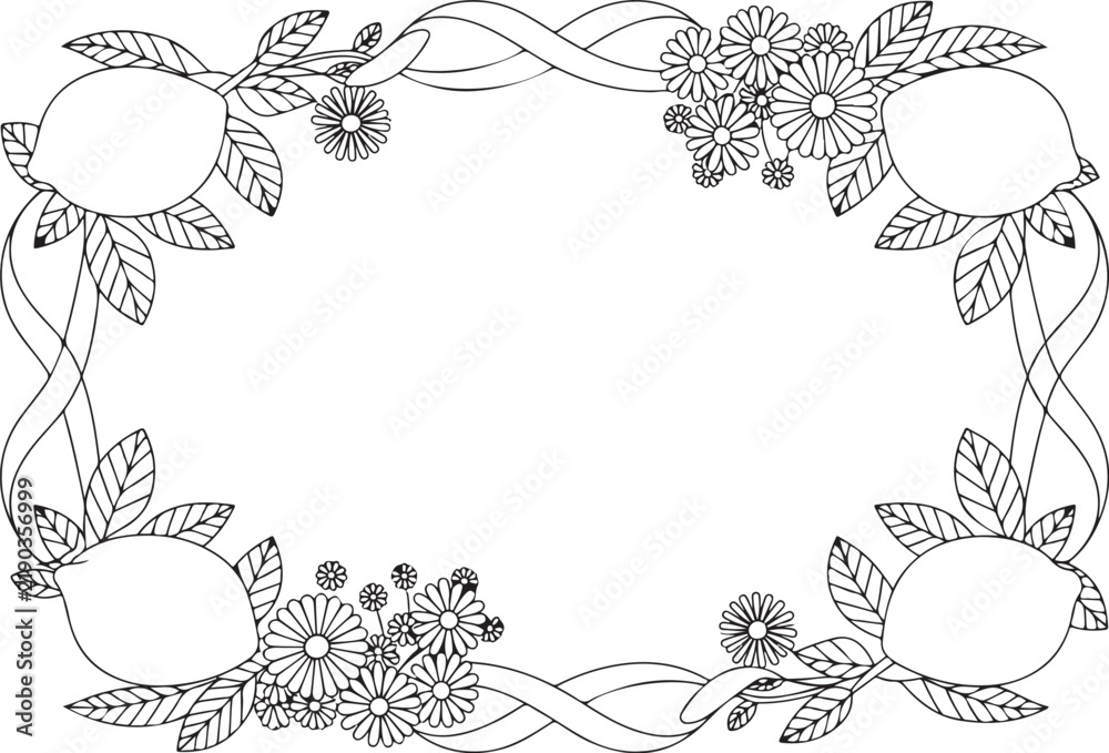 Obraz premium Lemon and Daisy Floral Frame with Botanical Leaves, Hand Drawn Black and White Line Art Border