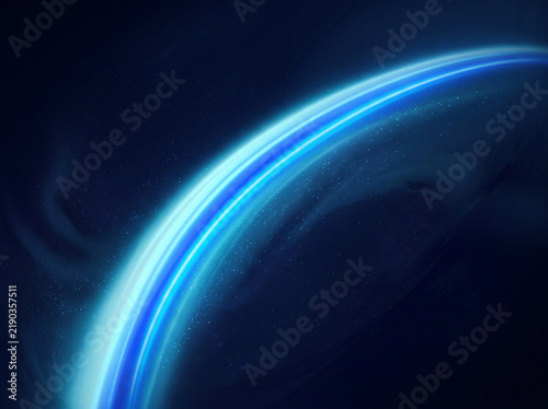 Glow cosmic light beam curve across dark blue space background with stardust