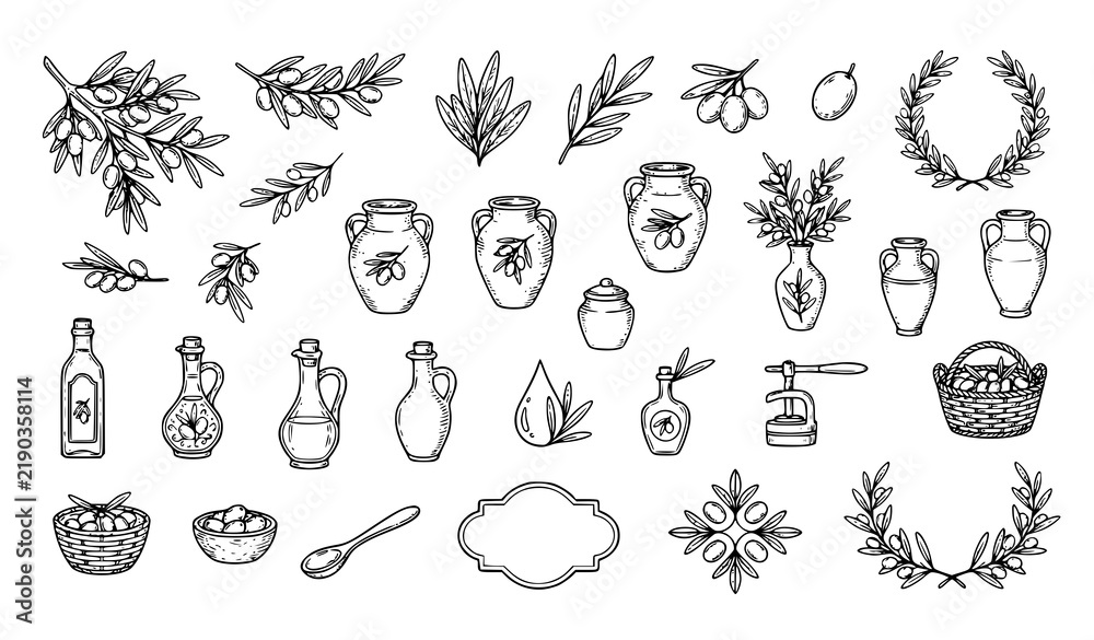 Obraz premium Vintage Mediterranean Olive Vector Set with Branch, Oil Bottle, Amphora, Wreath, Basket, and Hand Drawn Botanical Illustrations for Food Labels
