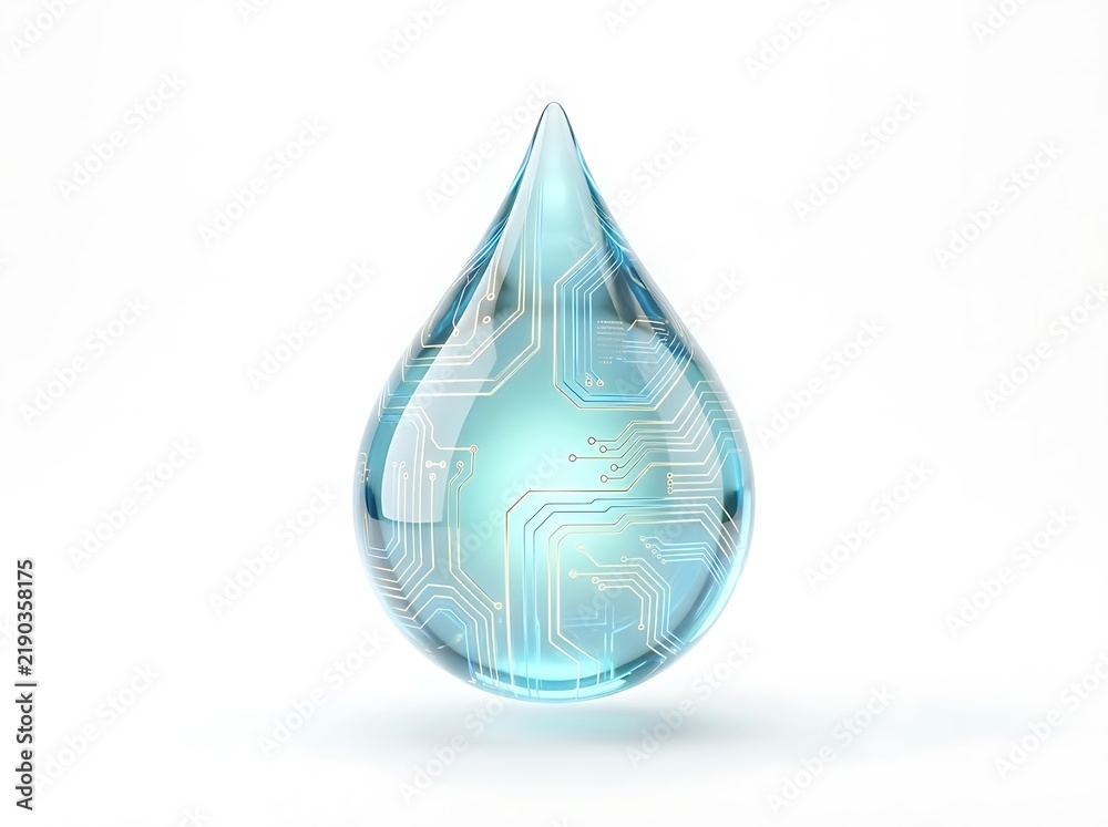 Obraz premium Smart Water Drop With Electronic Circuit Board Glass Realistic 3D, Symbol Of Smart Water Management Precision Agriculture Fluid Monitoring Technology Aqua Purification Environmental Analytics