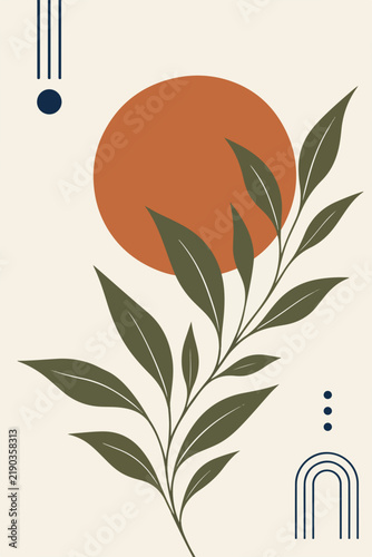 Minimal Botanical Composition with Terracotta Sun and Leaves