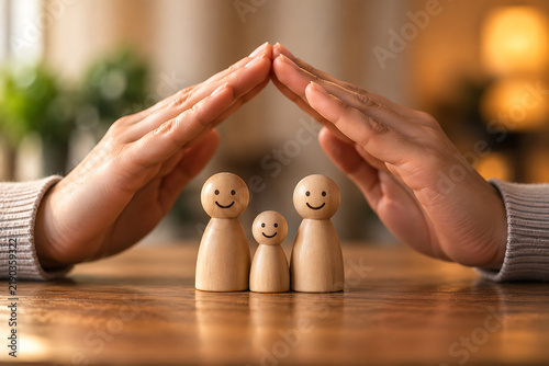 Wooden figurines representing a family are protected by cupped hands indoors
