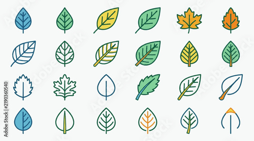 Set of 24 vector leaf icons showcasing diverse botanical shapes like maple and oval, using colored outlines and textured fills in green, blue, and yellow on plain white.